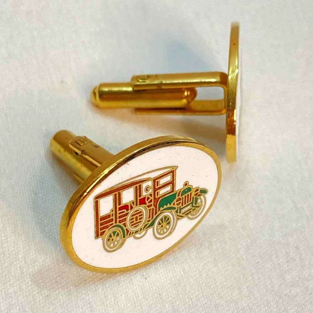 💎Mens Cuff Links Antique Car Enamel Cloisonne Bullet Back And Toggle